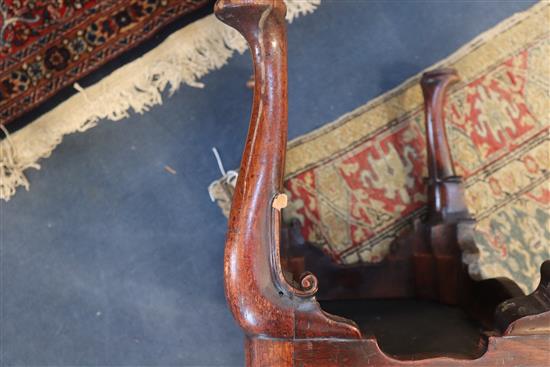 An early 18th century red walnut stool, W.1ft 6in. D.1ft 2in. H.1ft 4in.